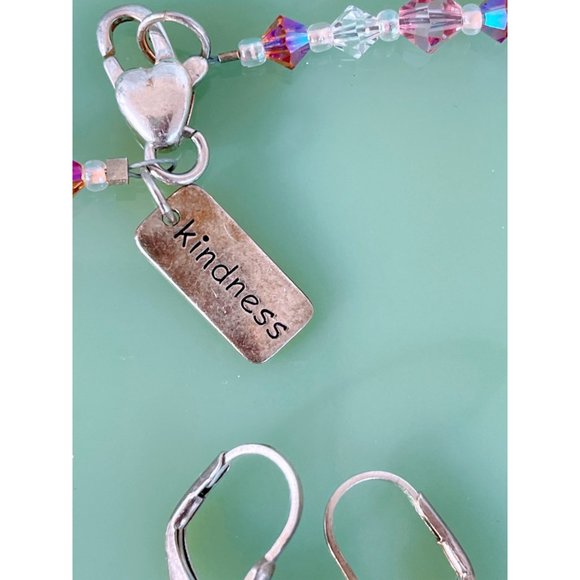 Sterling Silver Pink AB Glass Bead Necklace earrings Set - Picture 5 of 11